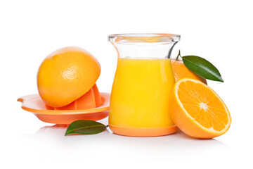 Fresh raw peeled oranges with juice squeezer jar with leaves on white background