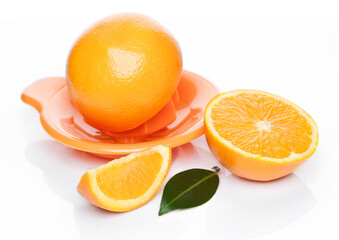 Fresh raw peeled oranges with juice squeezer with leaves on white background