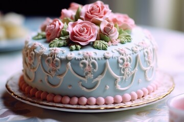 Obraz na płótnie Canvas A beautifully decorated cake, it's icing in shades of baby blue and pink. Generative AI