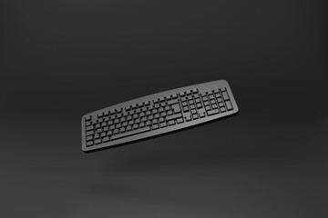 Black computer keyboard floating in mid air with shadow creating monochrome. Illustration of the concept of minimalism, computer hardware and software industry