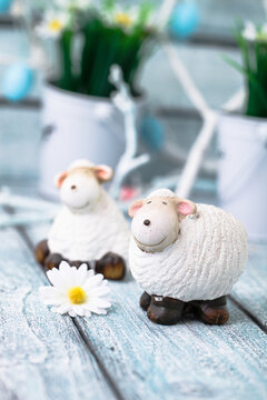 Easter. Sheep  on Easter table. Easter Egg in the Basket. Easter Decoration