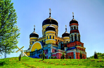 Fototapeta na wymiar Exterior view to Saint Pantaleon church of Peter and Paul cathedral at orthodox Hancu Saint Paraskeva monastery in Moldova