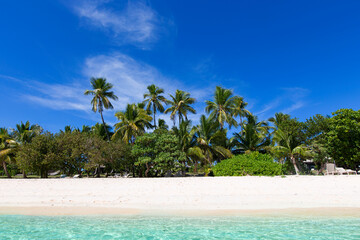pristine empty island at fiji, south pacific, with blue sky, palm trees, white sand beach and turquoise lagoon