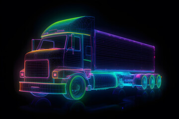 Bright glowing abstract neon sign of a truck. Generative AI