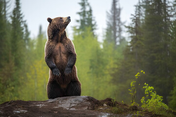 a brown bear standing on top of a rock looking up at the sky and trees in the woods behind it
