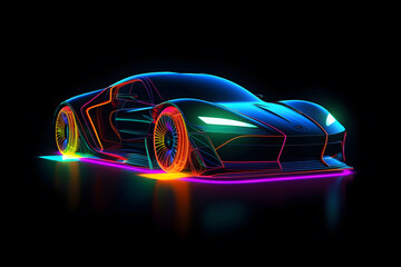 Bright glowing abstract neon sign of a sports car. Generative AI