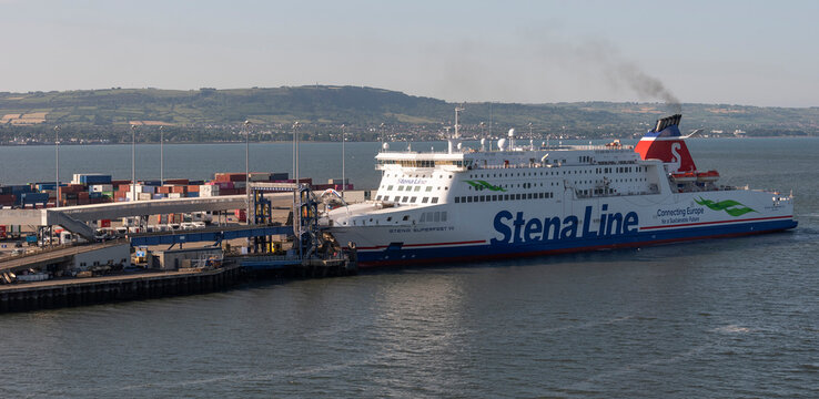 Belfast Harbour Northern Ireland UK. Stena Superfast VII in the Port of Belfast, Northern Ireland unloading vehicles from the bow door.