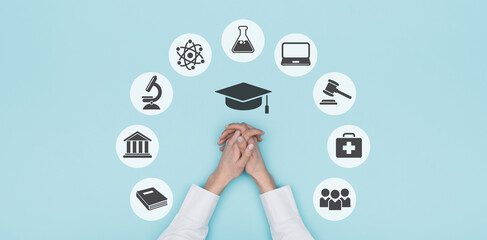 University, academy and education concept icons and student's hands, top view: learning and career concept