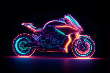 Bright glowing abstract neon sign of a motorcycle. Generative AI