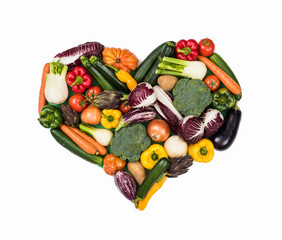 Heart shape composed of fresh colorful vegetables on white background, healthy eating concept