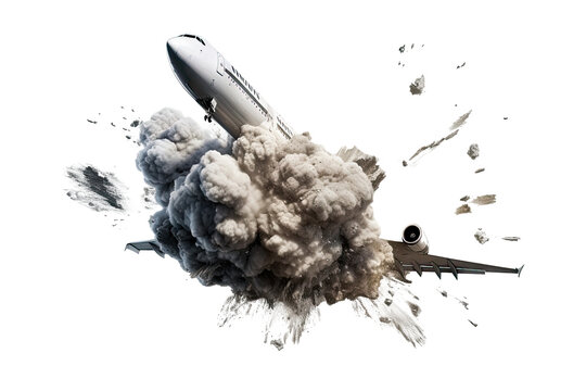 An airplane crash isolated on transparent background - Generative AI