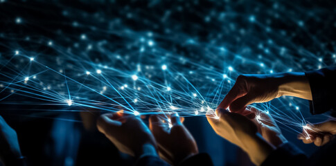 the futuristic of Hand pushes, pulls, touches, and controls neon-lit virtual 3D network web in close-up. generative AI.