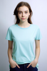 Fototapeta premium Mint green t-shirt mockup for teens and young adults. AI generative model wearing blank tshirt with space for your design, lettering or logo.