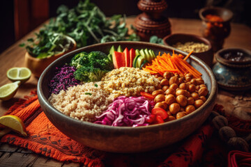 a bowl full of food on a table with vegetables and other foods in the background, including beans, carrots, brocco