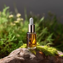 Dropper bottle styled mockup, cosmetic serum oil container template on botanical background with wood and plants, beauty product design-ready packaging