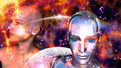Fototapeta na wymiar Artificial Intelligence - A robot woman head connected to a female head - 3d rendering