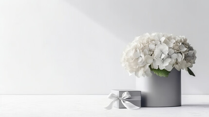 A bouquet of white flowers in a vase next to a gift box. Generative AI. Panoramic banner with hydrangea flowers, copy space.