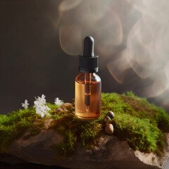 Fototapeta premium Dropper bottle styled mockup, cosmetic serum oil container template on botanical background with wood and plants, beauty product design-ready packaging