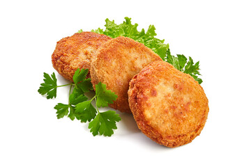 Three fried breaded cutlet with lettuce and parsley isolated on white background
