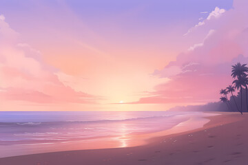 Fototapeta premium A serene dawn over a calm tropical beach with soft colors of violet and peach highlighting the sky