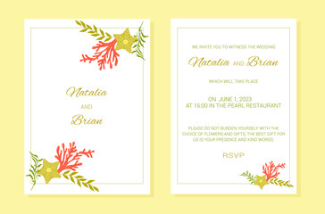 Wedding invitation summer marine theme plants layout. Coral, algae, starfish. A frame of marine elements with text. Vector illustration.