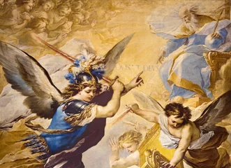 Foto op Canvas NAPLES, ITALY - APRIL 20, 2023: The detail of painting of Fall of the Rebel Angels in the church Chiesa dell' Ascensione a Chiaia by Luca Giordano (1657).   © Renáta Sedmáková