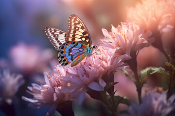 butterfly buzzing around purple blossom