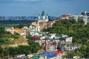 Vozdvizhenka elite district in Kiev, Ukraine . Top view on the roofs of buildings with St Andrew Church at Kiev, Ukraine