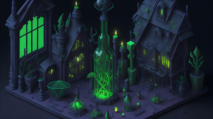 stylized isometric interior scary witchy house, Potion Generative AI