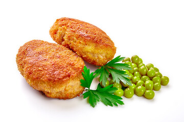 Two fried breaded cutlet with lettuce and parsley isolated on white background