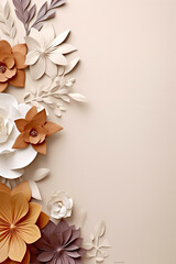 A bunch of paper flowers on a beige background. Generative AI.