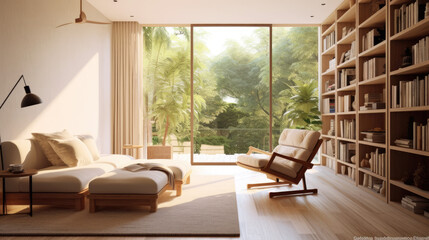 Fototapeta premium modern living room with bookshelves created with Generative AI technology
