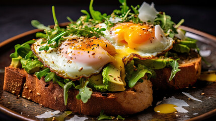 an egg on toasted bread with greens and other toppings in a brown bowl, sitting on a black surface