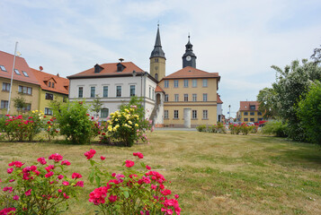View to the market and the town hall in Bürgel, Germany