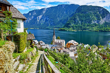 Hallstatt Austria vintage architecture and old houses in picturesque austrian mountains Alps on...