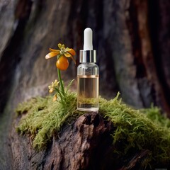 Dropper bottle styled mockup, cosmetic serum oil container template on botanical background with wood and plants, beauty product design-ready packaging