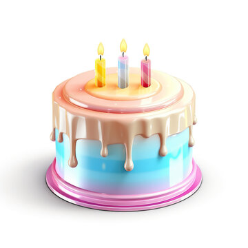 A cute Birthday cake with pastel colored cream and candles, clipart on white background, generative AI image