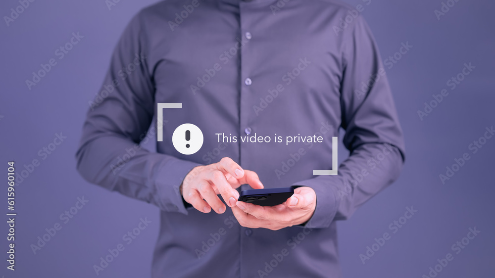 Poster Young man using a smartphone to play social media but this video is blocked or privacy settings have been set. Searching for more internet, and search engine optimization. Subscribing and following.