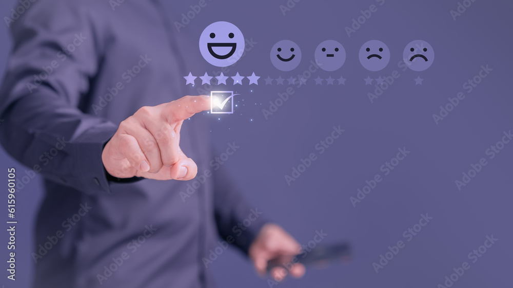 Poster customer touching the virtual screen on the smile face icon and five stars to give satisfaction in s