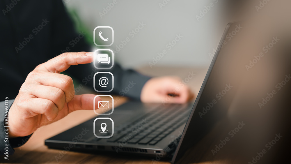 Poster client use a computer laptop with a virtual screen for apps phones, email, addresses, chat, and map 