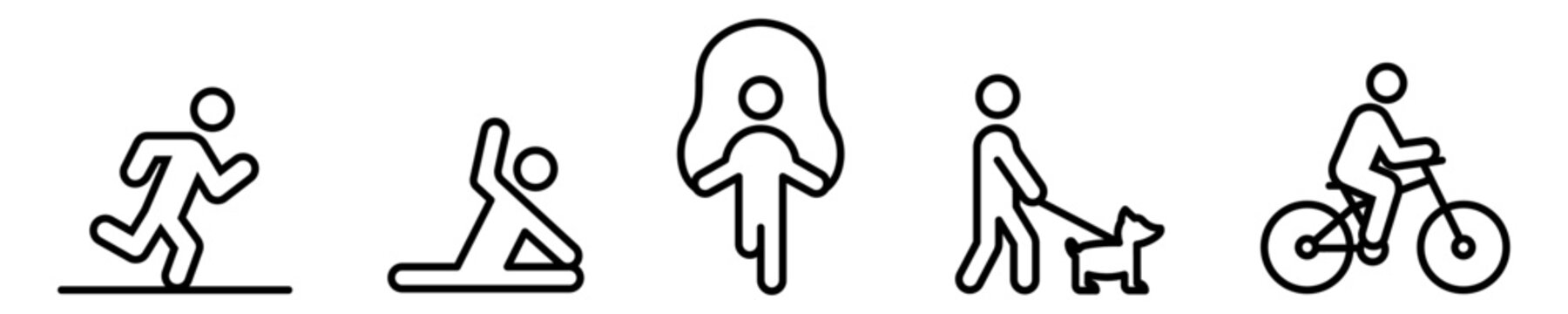 Conjunto de iconos de actividad f&iacute;sica. Deporte, persona corriendo, estiramiento, saltar la cuerda, pasear mascota, ciclista. Ilustraci&oacute;n vectorial