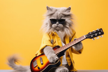 Cool hipster cat playing guitar created with Generative AI technology