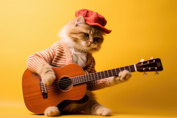 Cool hipster cat playing guitar created with Generative AI technology