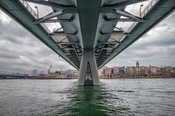 Fototapeta premium Day view at Golden Horn Metro Bridge in Istanbul City Turkey. Istanbul Subway at Halic Bridge Station