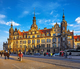Fototapeta na wymiar Dresden, Germany Royal Castle residence in capital of Saxony region. Ancient building in the centre of old town. Evening sunset and blue sky.