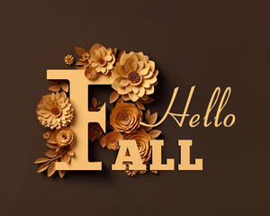 Greeting tect Hello Fall decorated with red and orange paper flowers on brown background. Generative AI.