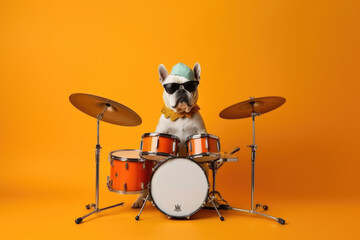 Dog playing drums created with Generative AI technology
