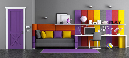 Colorful teen bedroom with fabric bed,desk and closed door - 3d rendering