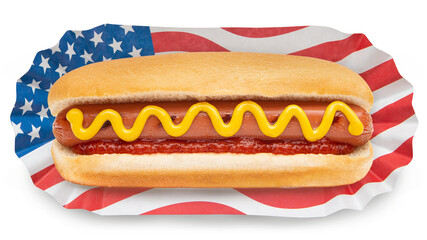 Hot Dog. Hot Dog on American US or USA Flag. Classic Hot Dog bun with pork or beef sausage, wiener or frankfurter and mustard, ketchup. Patriotic fast food on July 4th Independence Day United States - obrazy, fototapety, plakaty