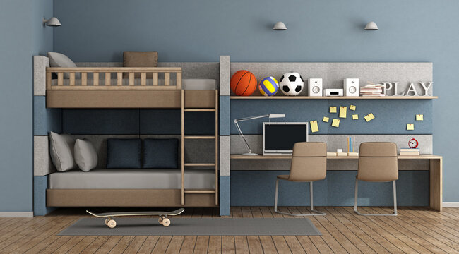 Blue Teen room with bunk bed , desk and chair - 3d rendering